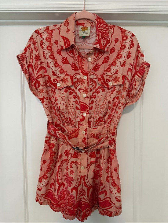 FARM Rio Pants - FARM Rio Pink Coral Floral Paisley Belted Romper XS